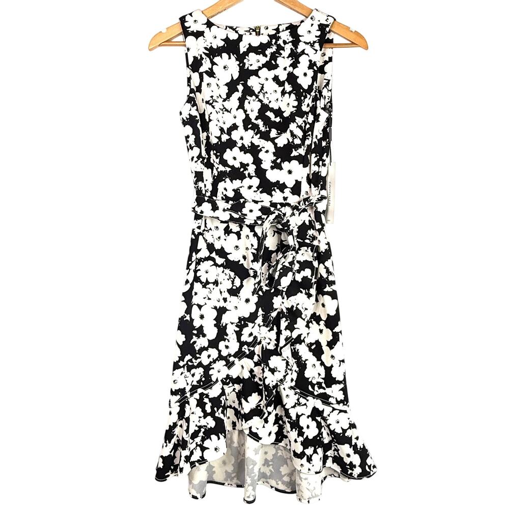 NWT Calvin Klein B&W Floral Belted Dress 2